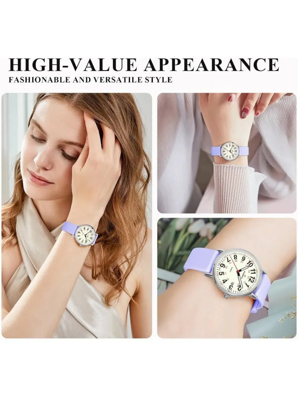 Women's Purple-Silver Metal Case Silicone Strap Date Display Wrist Watches